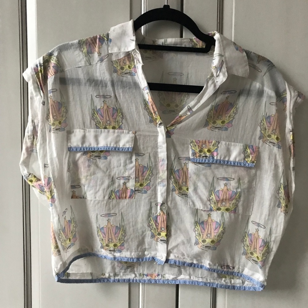 White linen crop top with Aztec god print